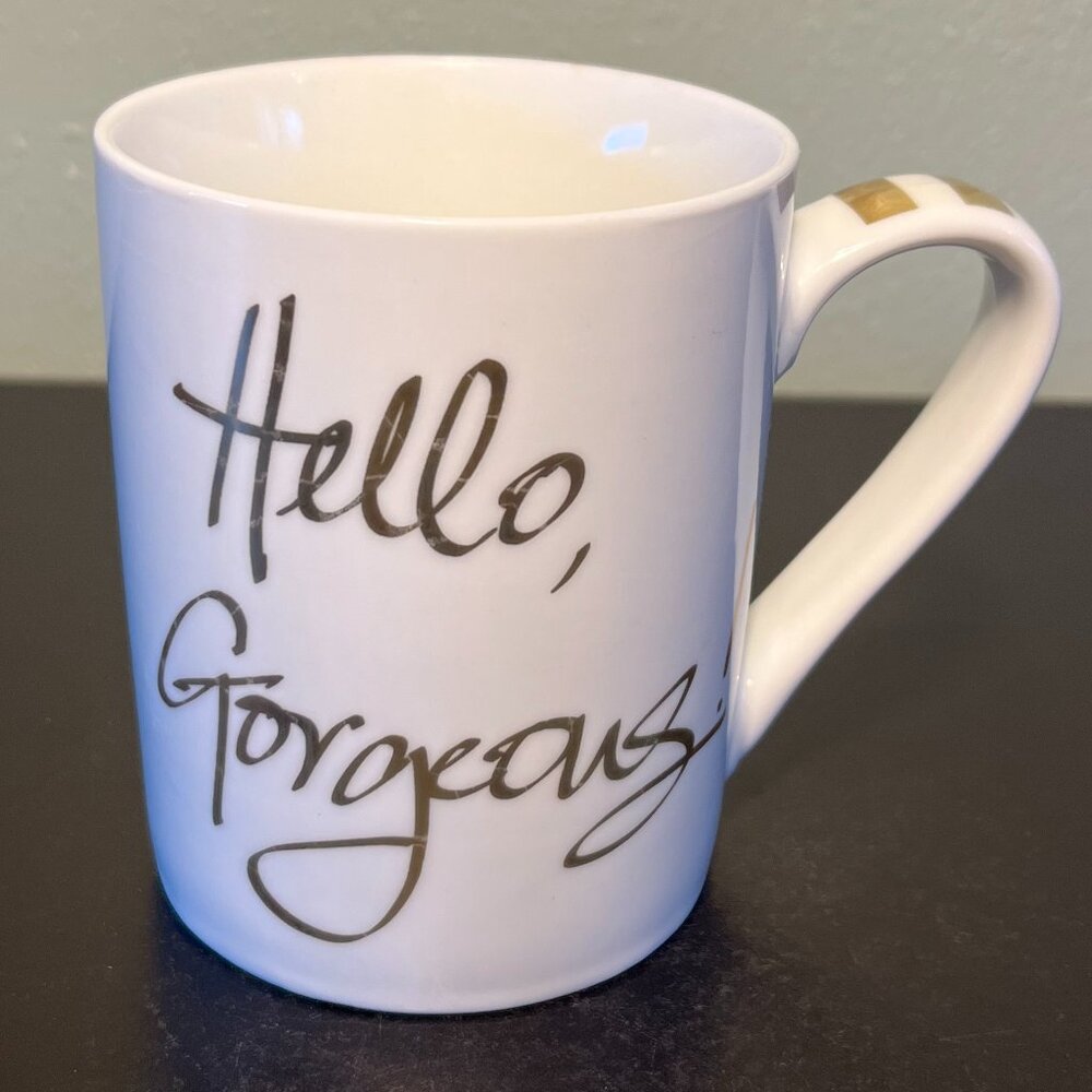 Pier 1 Hello Gorgeous Gold Ceramic Coffee Mug 14oz White Metallic Script